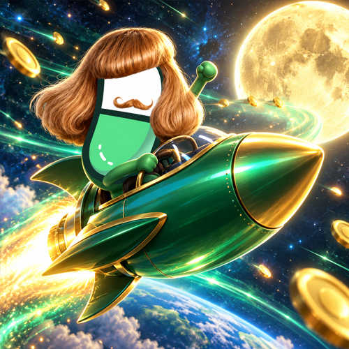 Jean Pill flying a green rocket to the moon